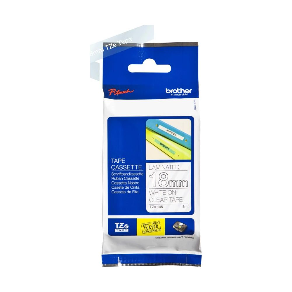 Verpackung für Brother 18mm weiß auf klarer TZe-Klebebandkassette.