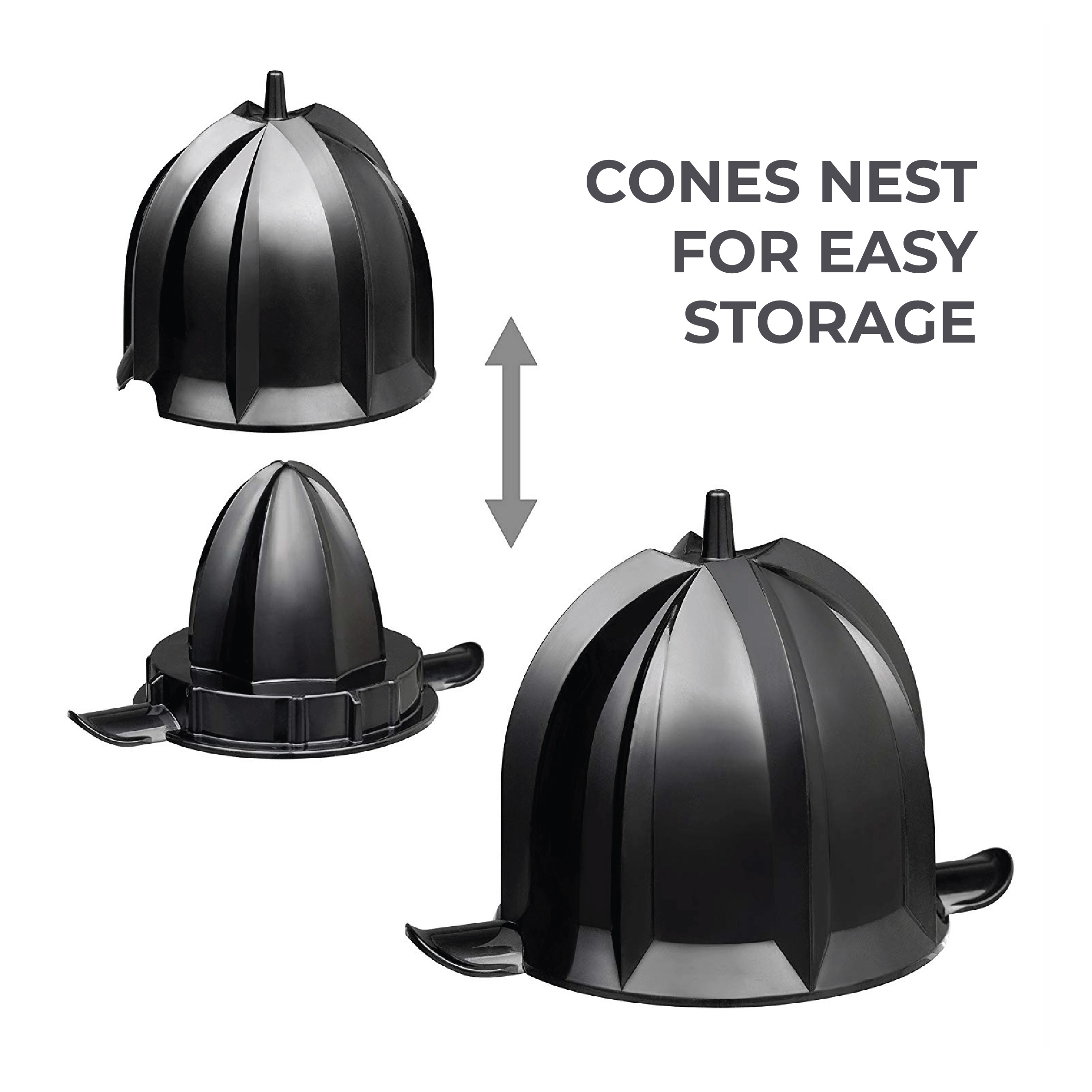 Cono negro para exprimidor de cítricos que se anida para fácil almacenamiento.