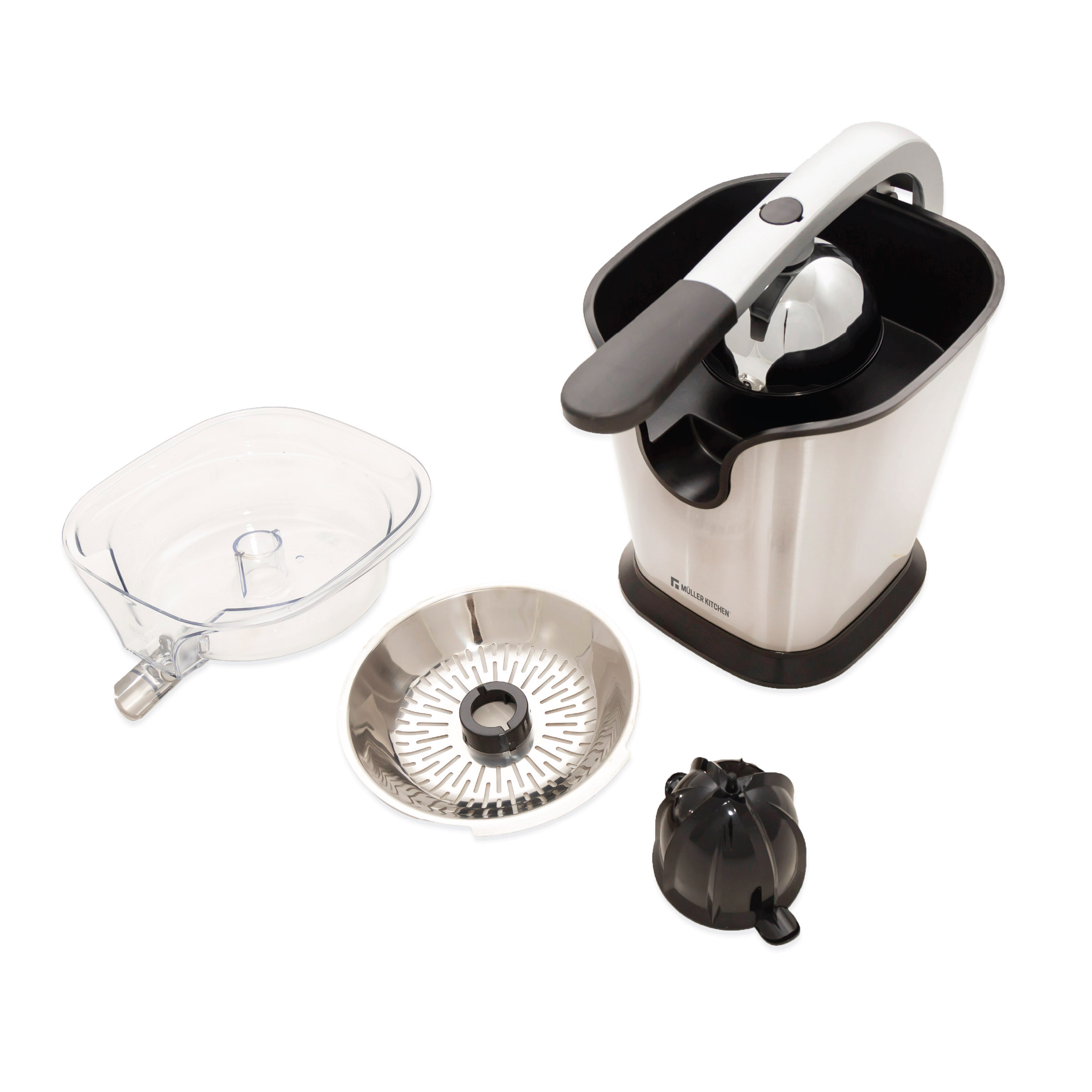 Un exprimidor con cuerpo de acero inoxidable, recipiente de vidrio, colador y accesorio de prensa negro.