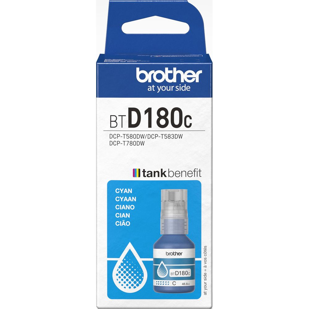 Opakowanie butelki z tuszem cyjanowym Brother BTD180c. Pokazuje butelkę tuszu.