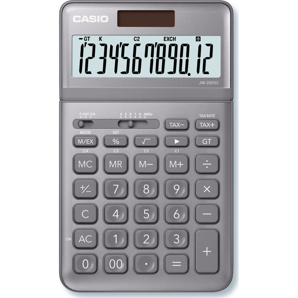 Szara kalkulatorka Casio z dużym wyświetlaczem pokazującym '1234567890.12'.