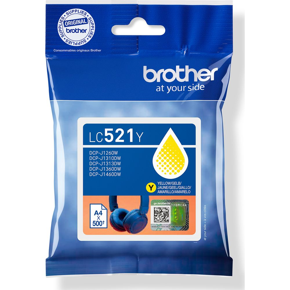 Tusz Brother LC521Y, żółty. Zawiera słuchawki i symbol A4.