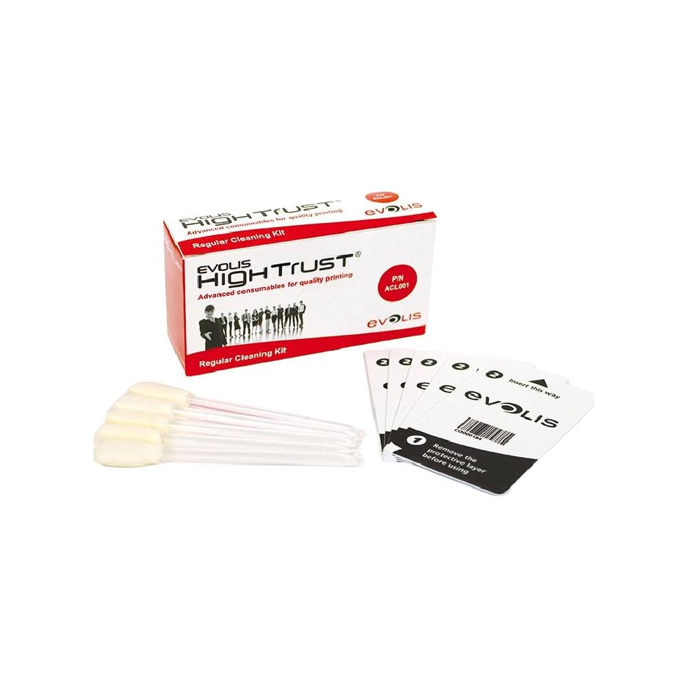 Scatola kit pulizia regolare Evolis High Trust con tamponi e schede pulizia.