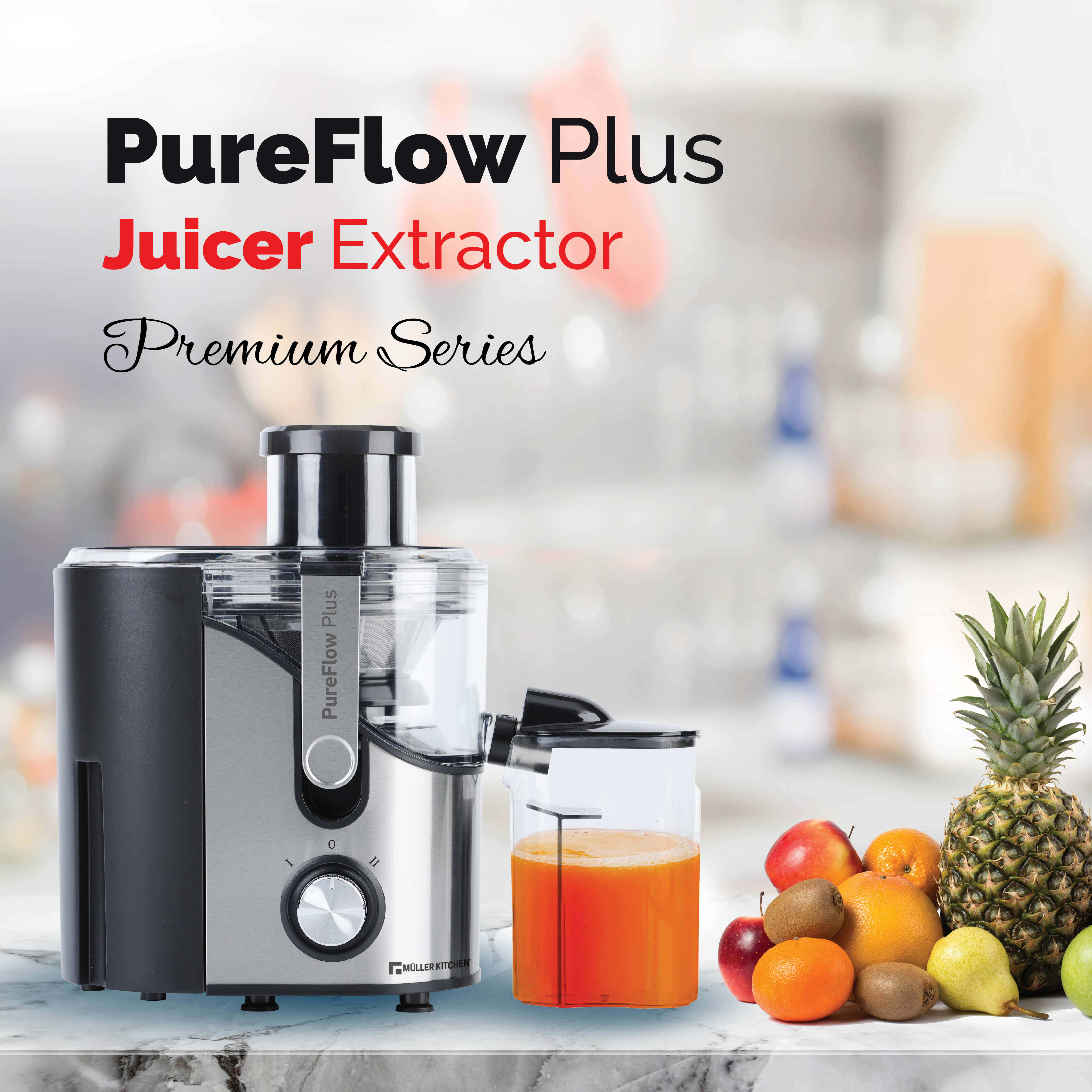 Un extractor de jugos con frutas como manzanas, naranjas, kiwis, peras y piña.