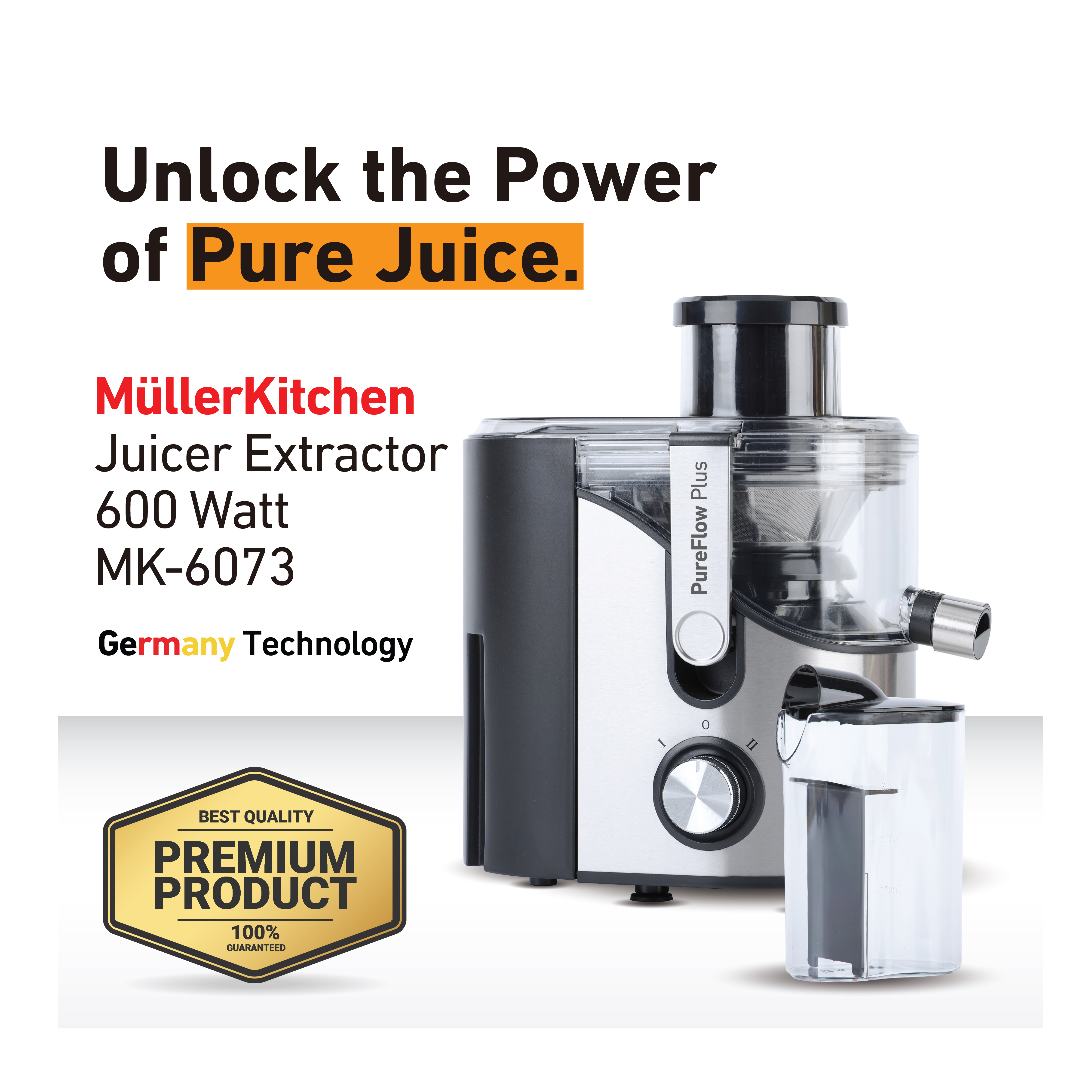 Extractor de jugos MüllerKitchen MK-6073, 600W, Tecnología alemana.