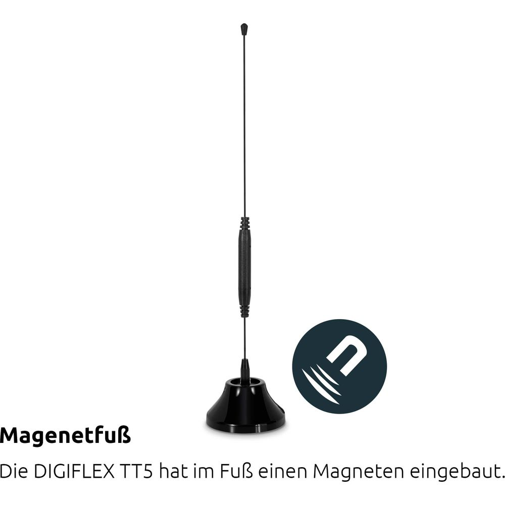 Czarna antena z magnetyczną podstawą i symbolem magnesu obok.