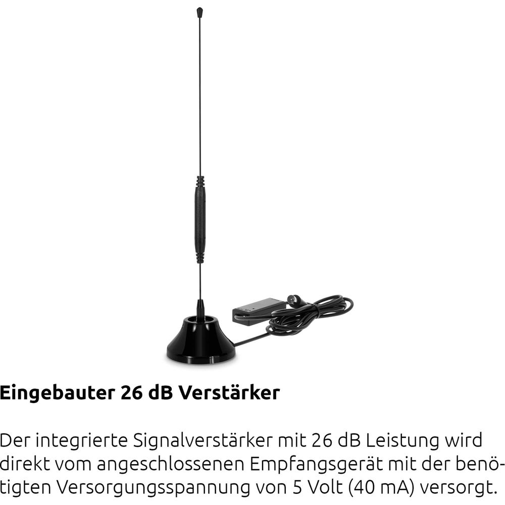 Czarny wzmacniacz antenowy z kablem i wtyczką na białym tle.