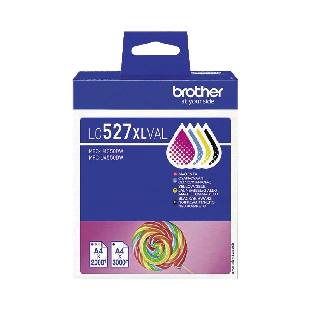 Karton Brother LC527XLVAL z ikonami kolorów/czarnego i okrągłym lizakiem.