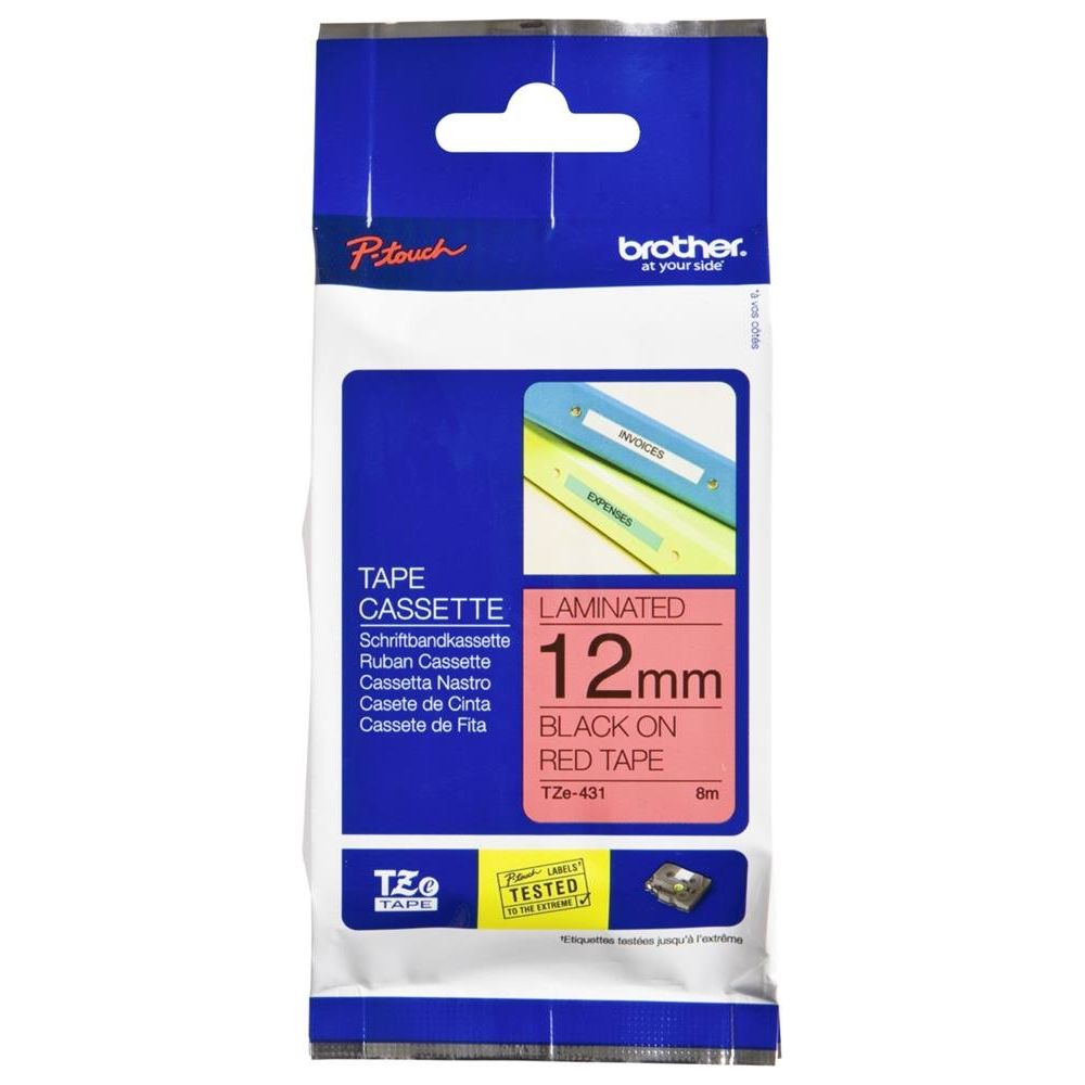 Brother P-Touch TZe-431 Kassette: 12mm, schwarz auf rotem Band, laminiert.