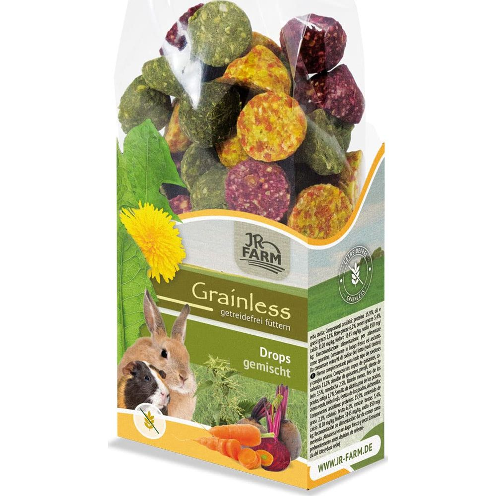 Ein Beutel JR Farm Grainless Drops mit Kaninchen, Meerschweinchen, Karotten und Rote Bete.