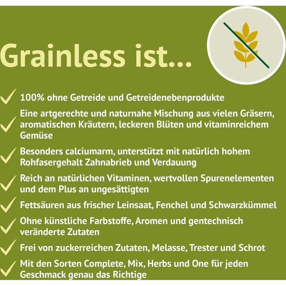 Grainless: Getreidefrei, reich an Gräsern, Kräutern, Blüten & Gemüse.