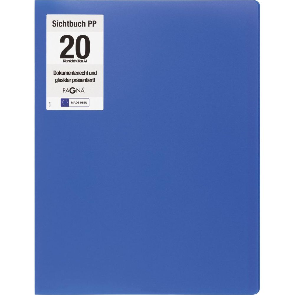 Niebieski segregator z białym etykietem 'Sichtbuch PP 20'.