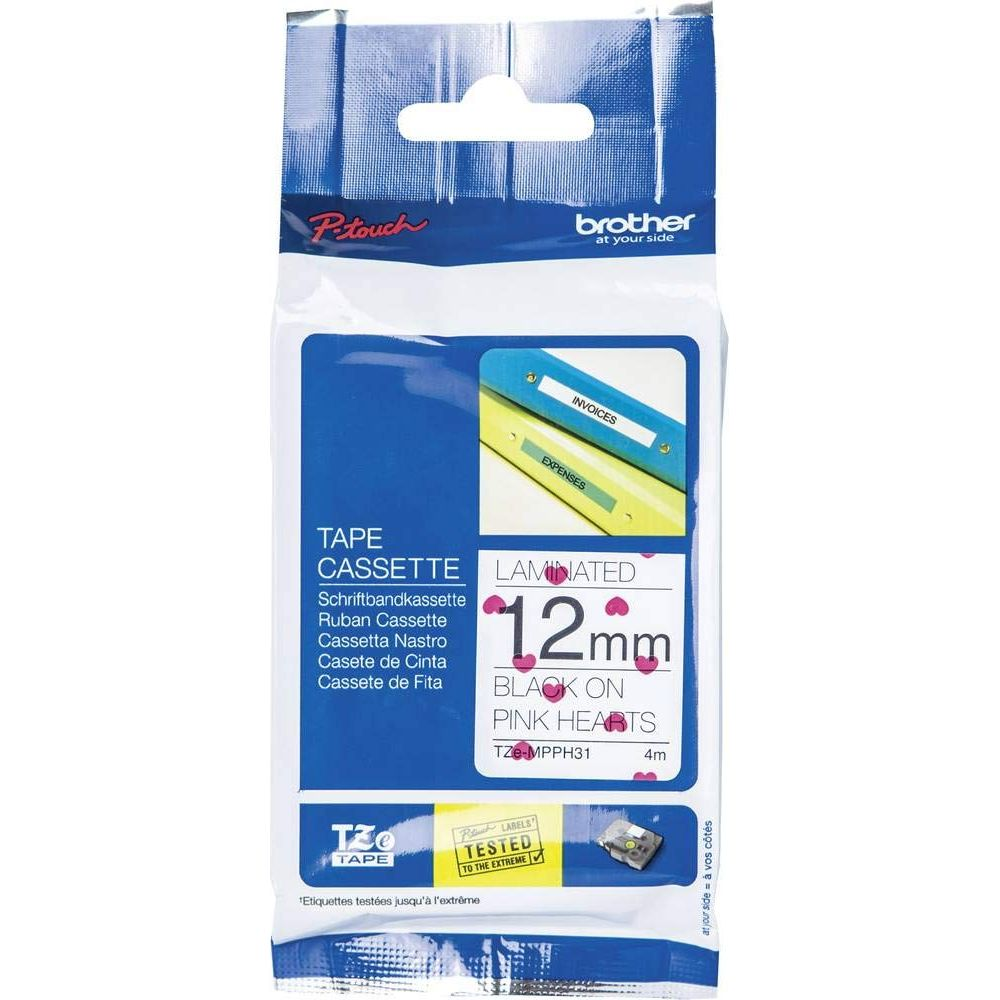 Verpackung für Brother TZe-MPPH31 12mm Band: Schwarz auf rosa Herzen.