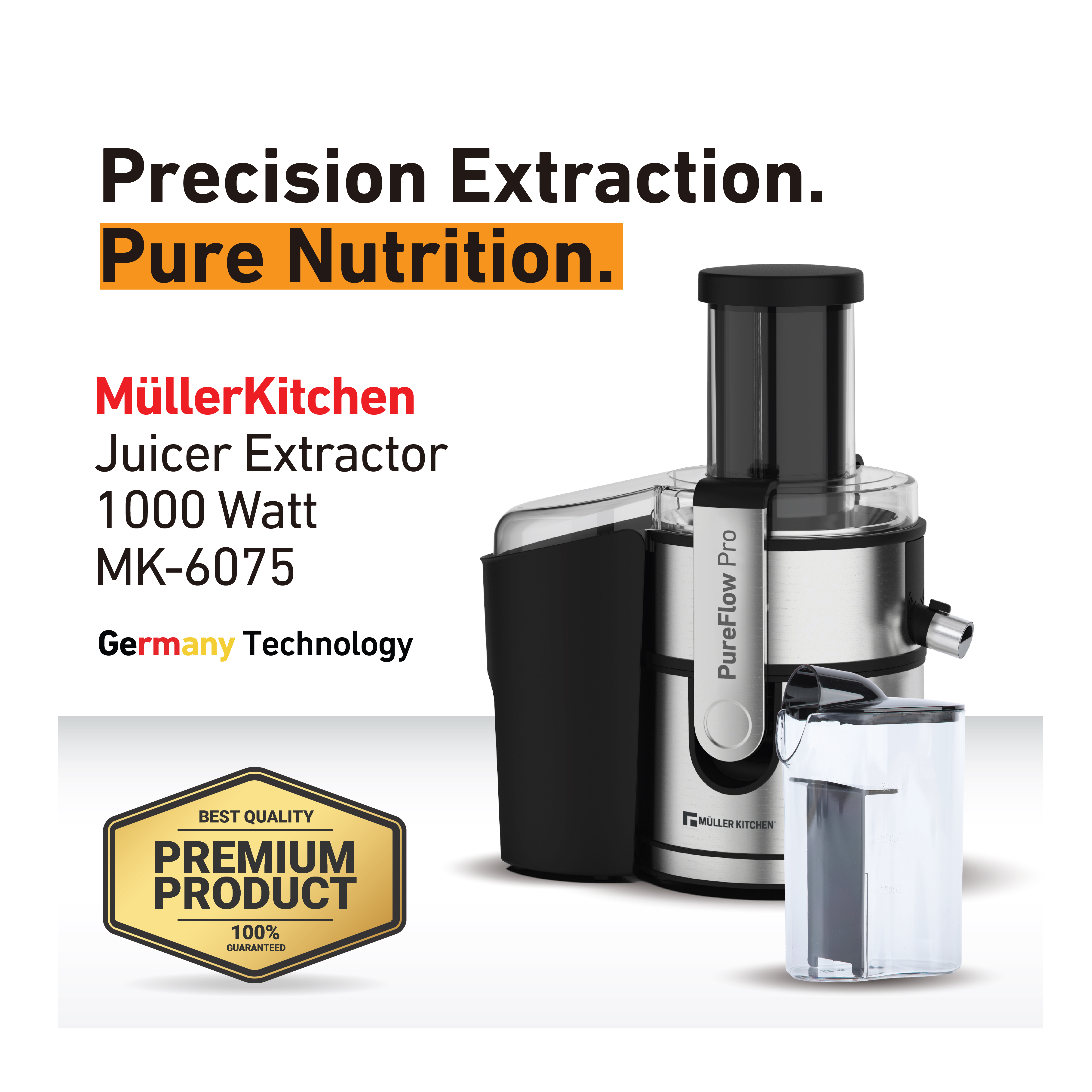 Un extractor de jugos MüllerKitchen plateado y negro, 1000W, con un recipiente.