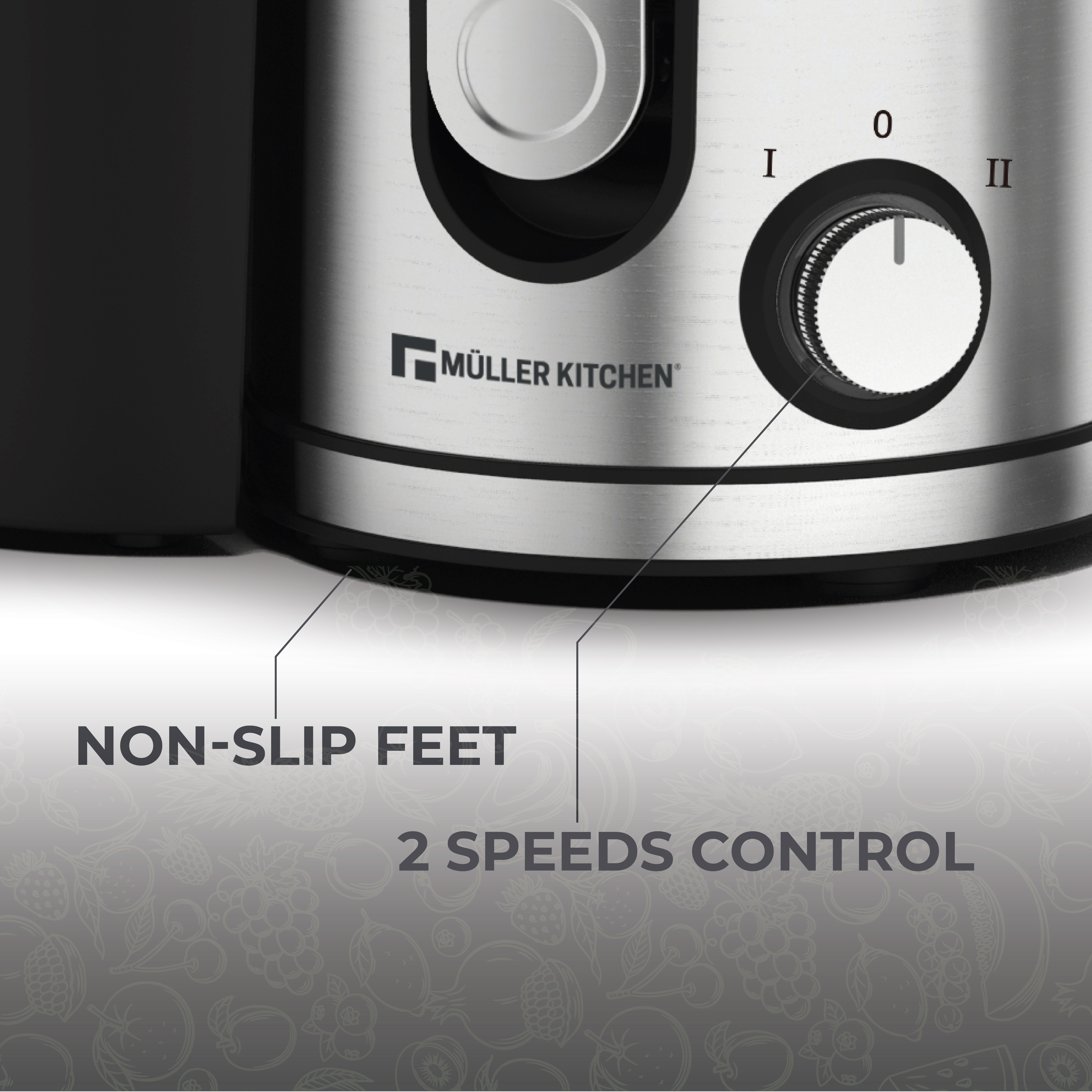 Electrodoméstico de acero inoxidable con dial de control de velocidad y texto 'Non-Slip Feet'.