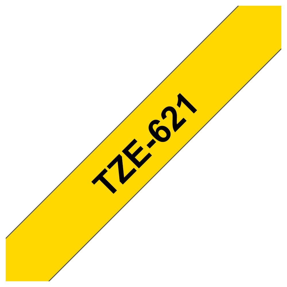 Ein gelbes Band mit schwarzer Schrift TZE-621.