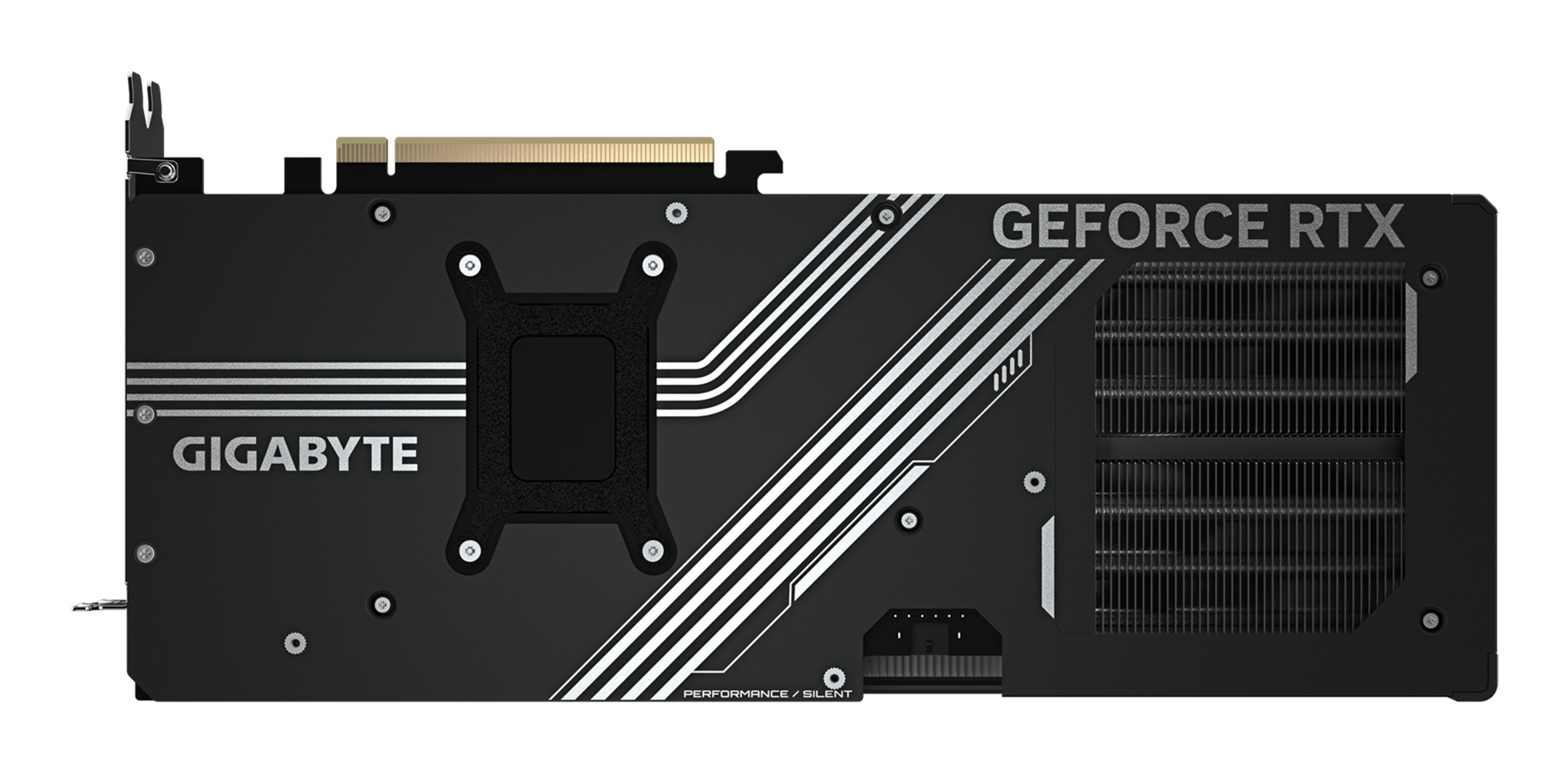 Czarna karta graficzna Gigabyte RTX ze srebrnym napisem "GEFORCE RTX" i "GIGABYTE".