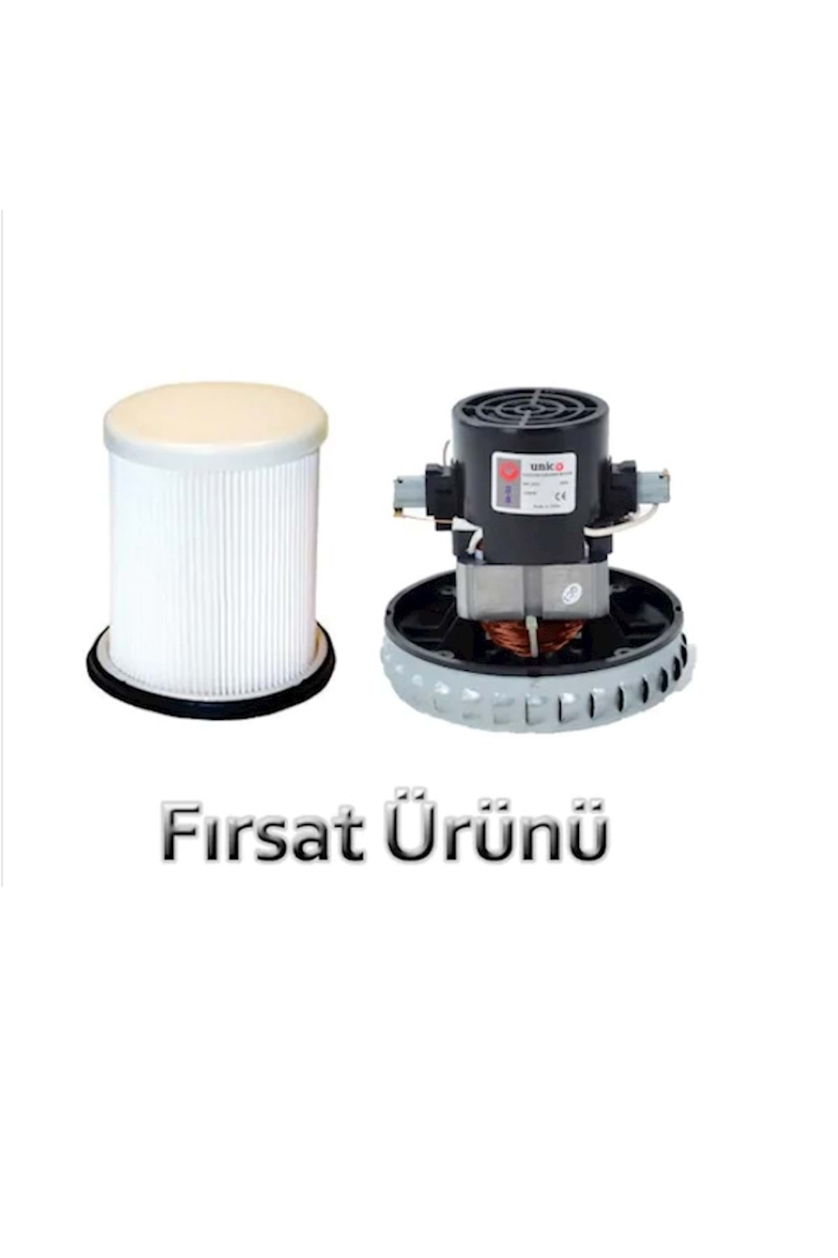 Beyaz fon üzerinde bir elektrikli süpürge motoru ve filtre.