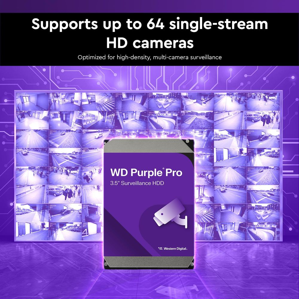 Disque dur de surveillance WD Purple Pro 3,5" avec vues de 64 caméras.