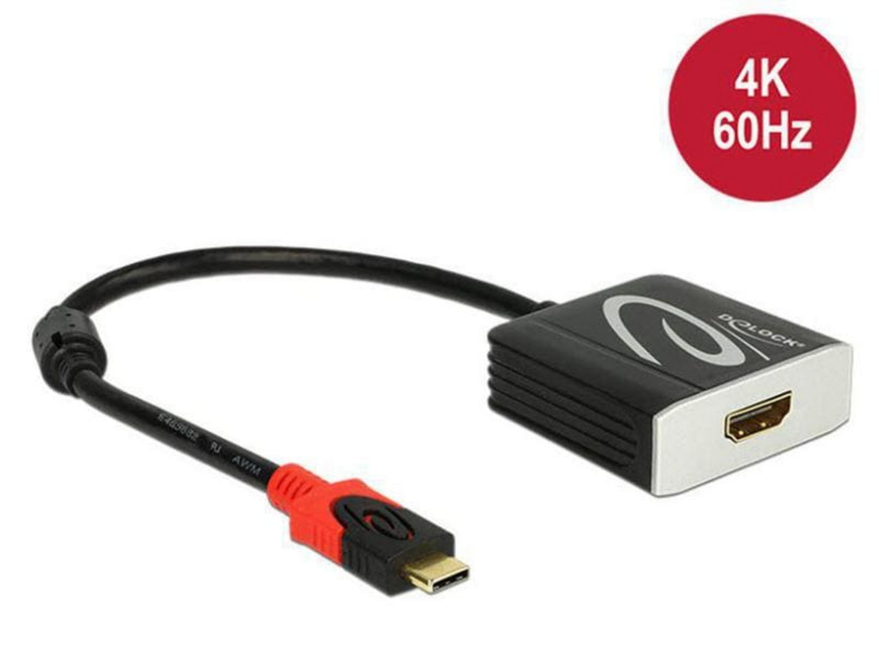 Ein schwarzes Kabel mit USB-C und HDMI-Adapter. Roter Stecker.