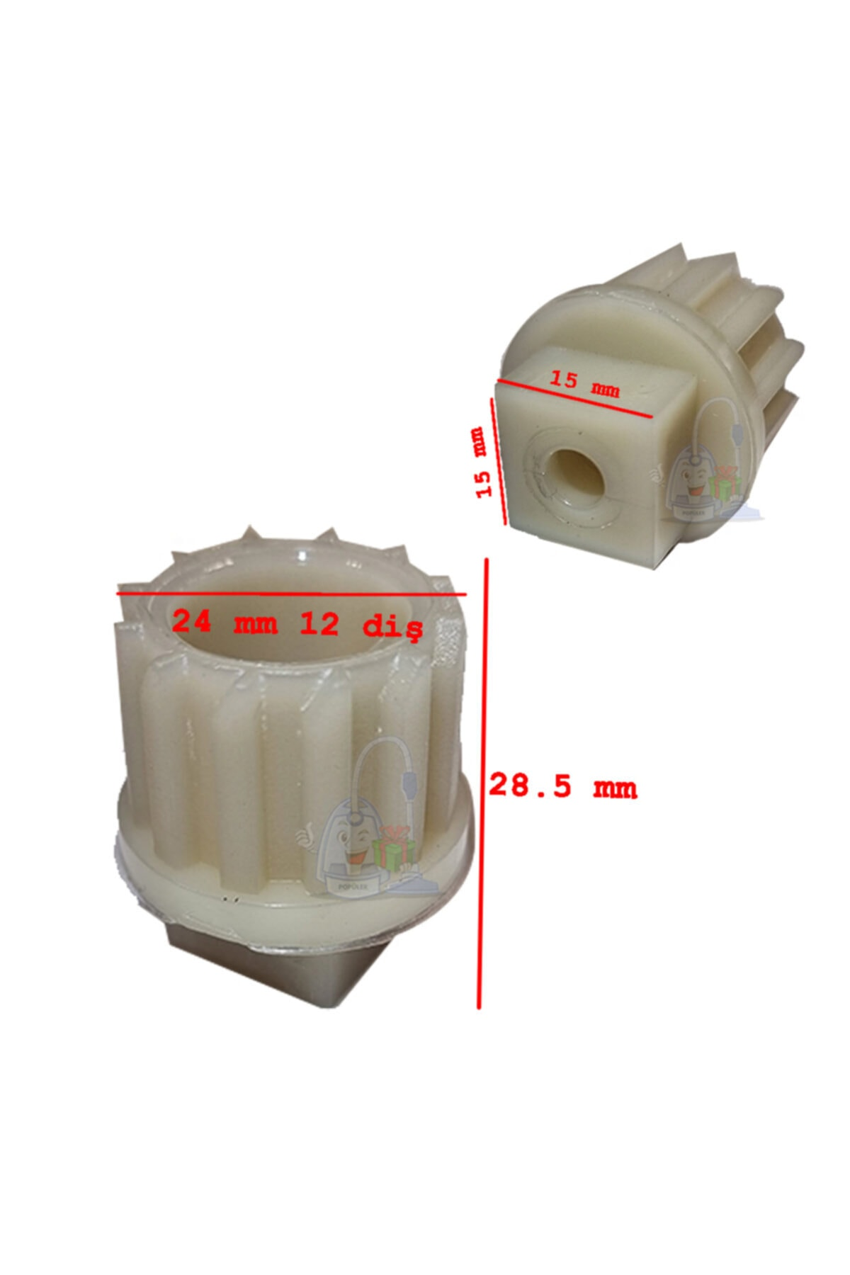 Boyutları 15x15 mm, 24 mm 12 diş, 28,5 mm olan iki beyaz dişli.