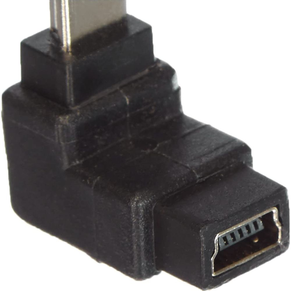 Un adattatore nero a 90 gradi per connettori mini USB maschio e femmina.