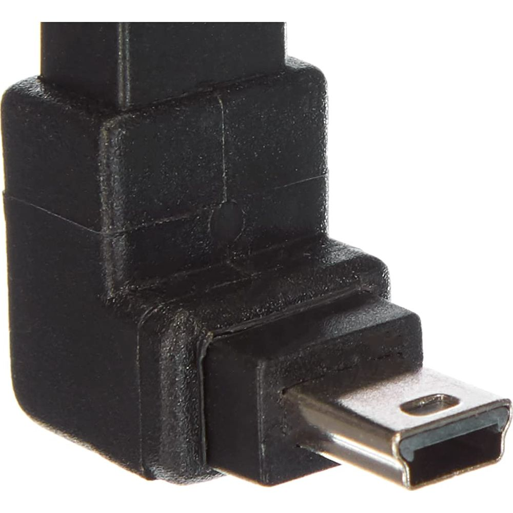 Adattatore ad angolo retto nero con connettore mini USB rivolto a destra.