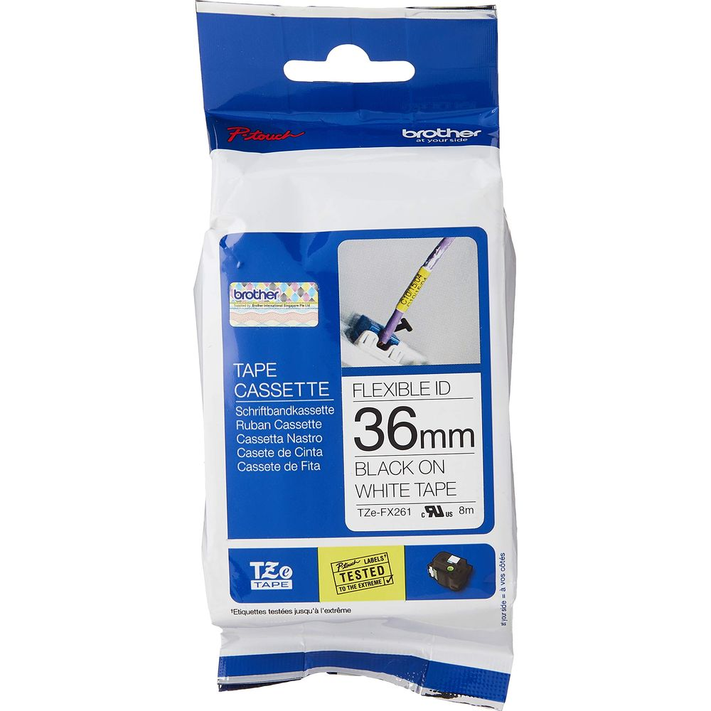 Emballage de cassette ruban Brother TZe-FX261 Flexible ID, 36mm, noir sur blanc.
