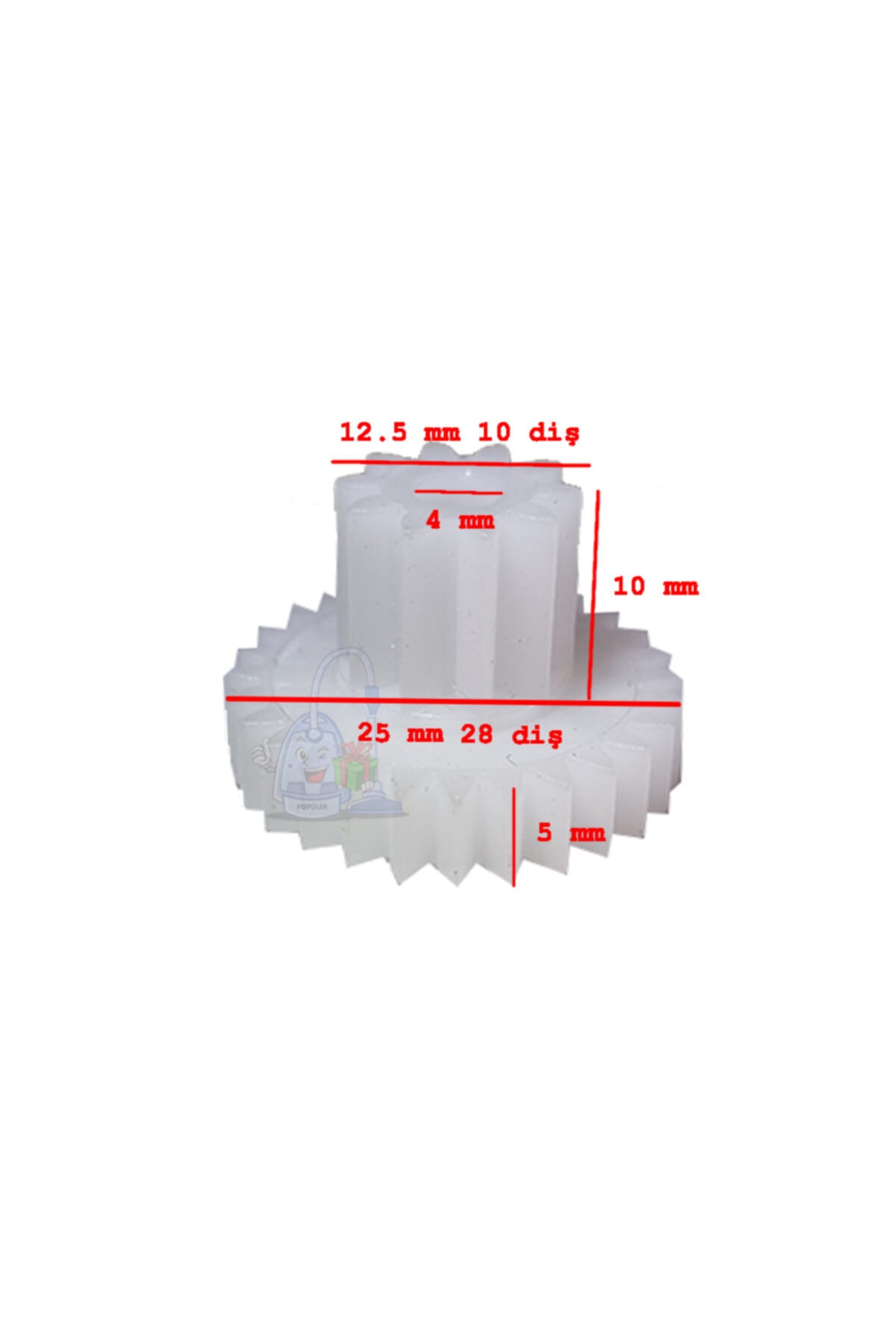 Boyutlu beyaz dişli: 12,5mm/10 diş, 4mm yükseklik, 10mm genişlik, 25mm/28 diş, 5mm.