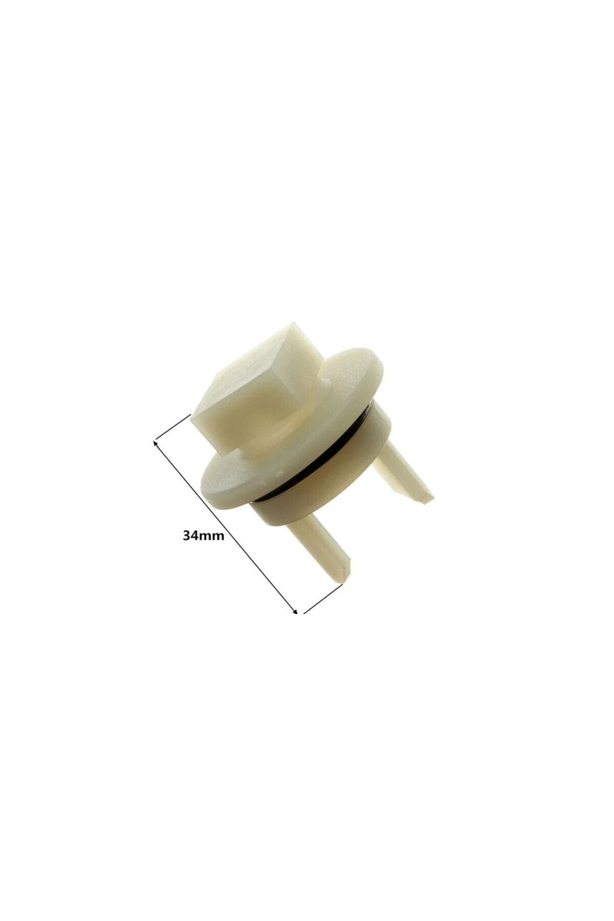 İki pimli ve siyah halkalı beyaz plastik parça, 34mm.