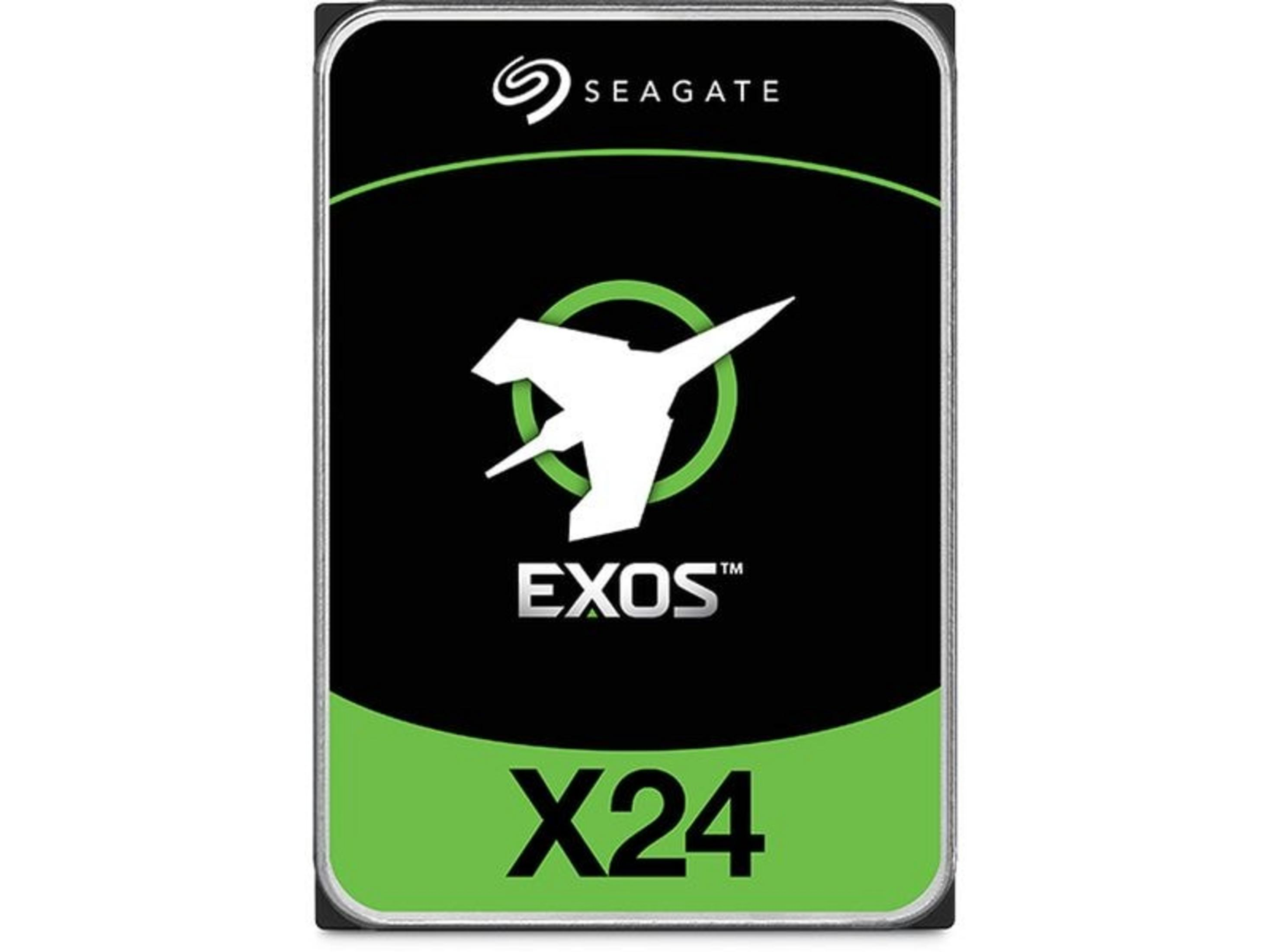Dysk twardy Seagate Exos X24 z białym logo na czarnym tle.