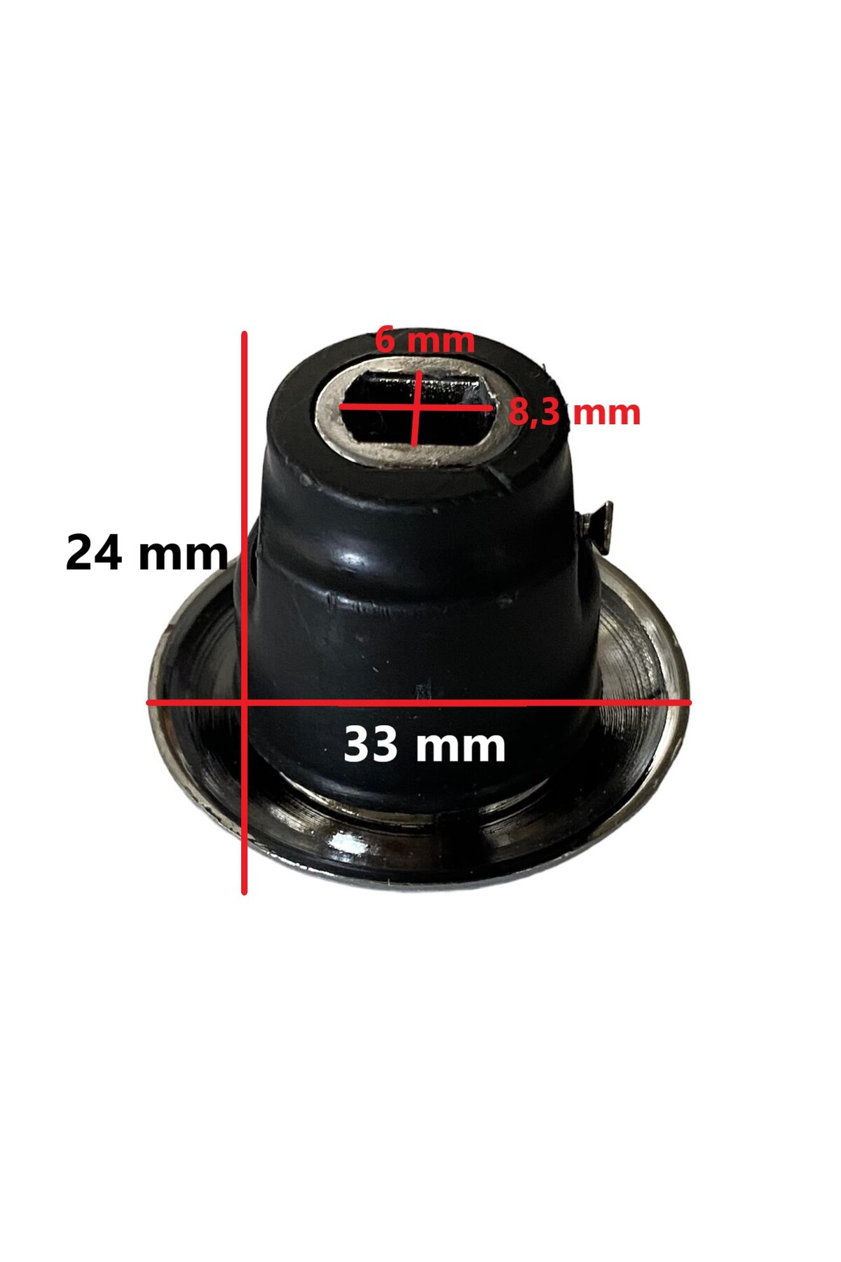 Kırmızı boyut işaretli siyah parça: 6mm, 8,3mm, 24mm, 33mm.