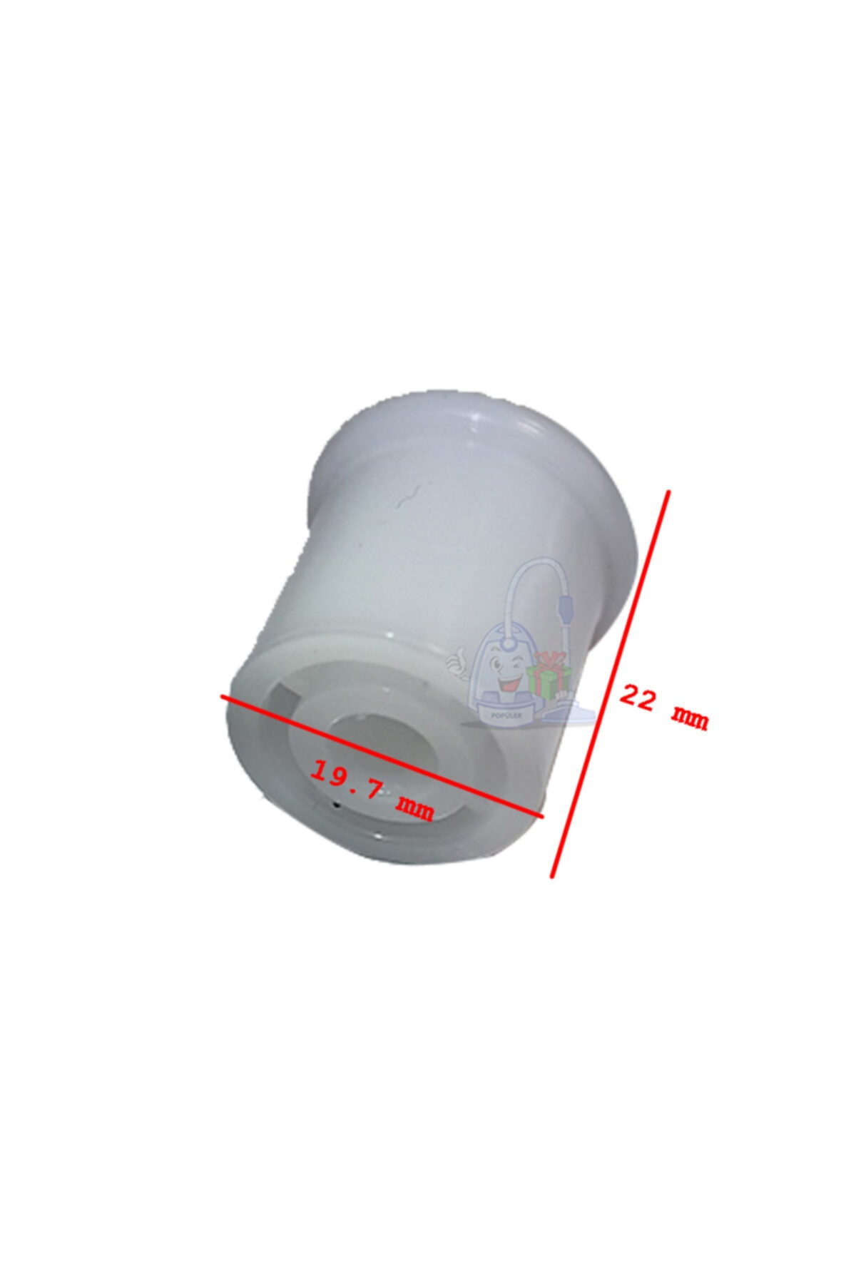 19,7 mm ve 22 mm boyutlarında beyaz plastik parça.