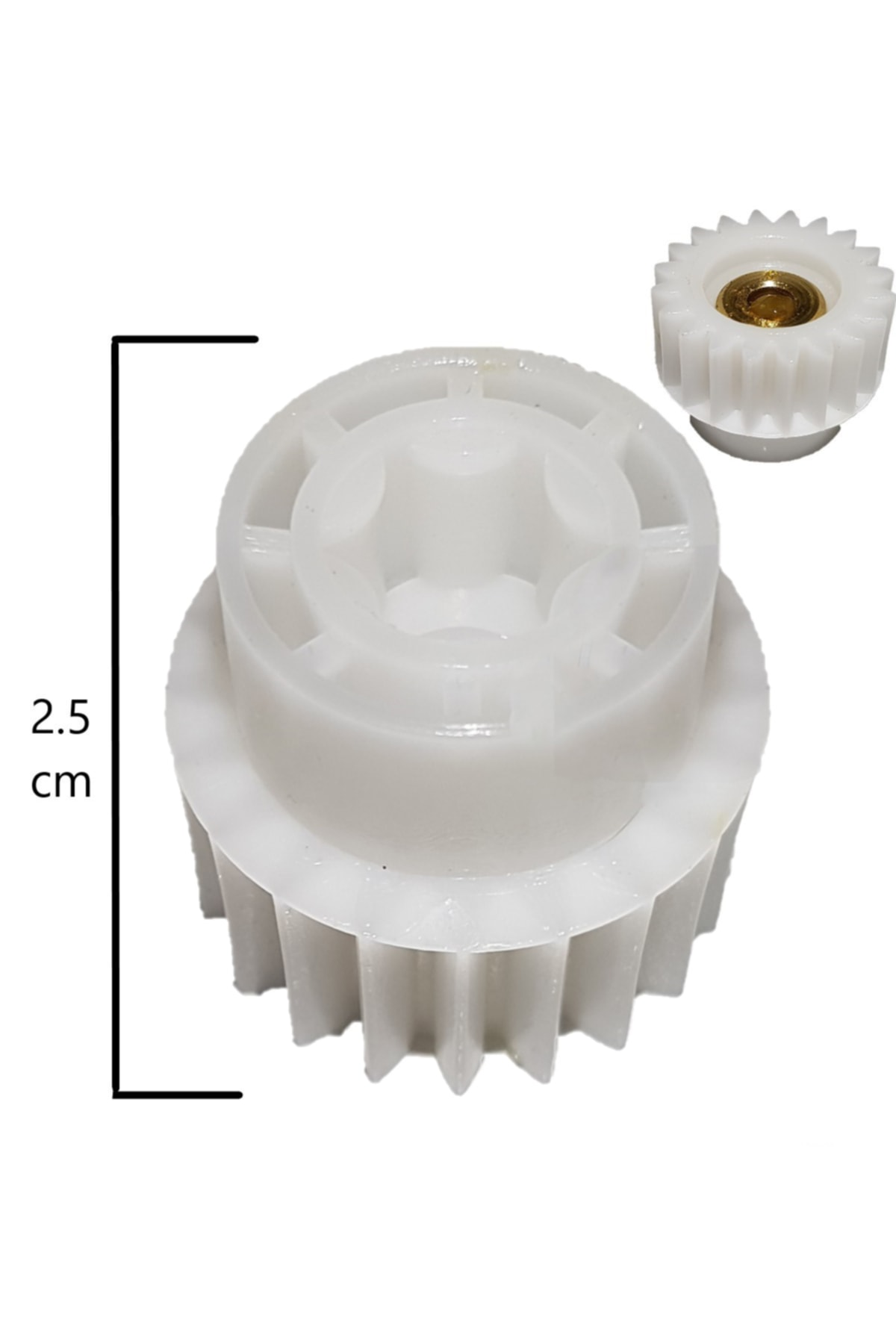 Pirinç kakmalı beyaz plastik dişli, 2,5 cm boyut göstergeli.