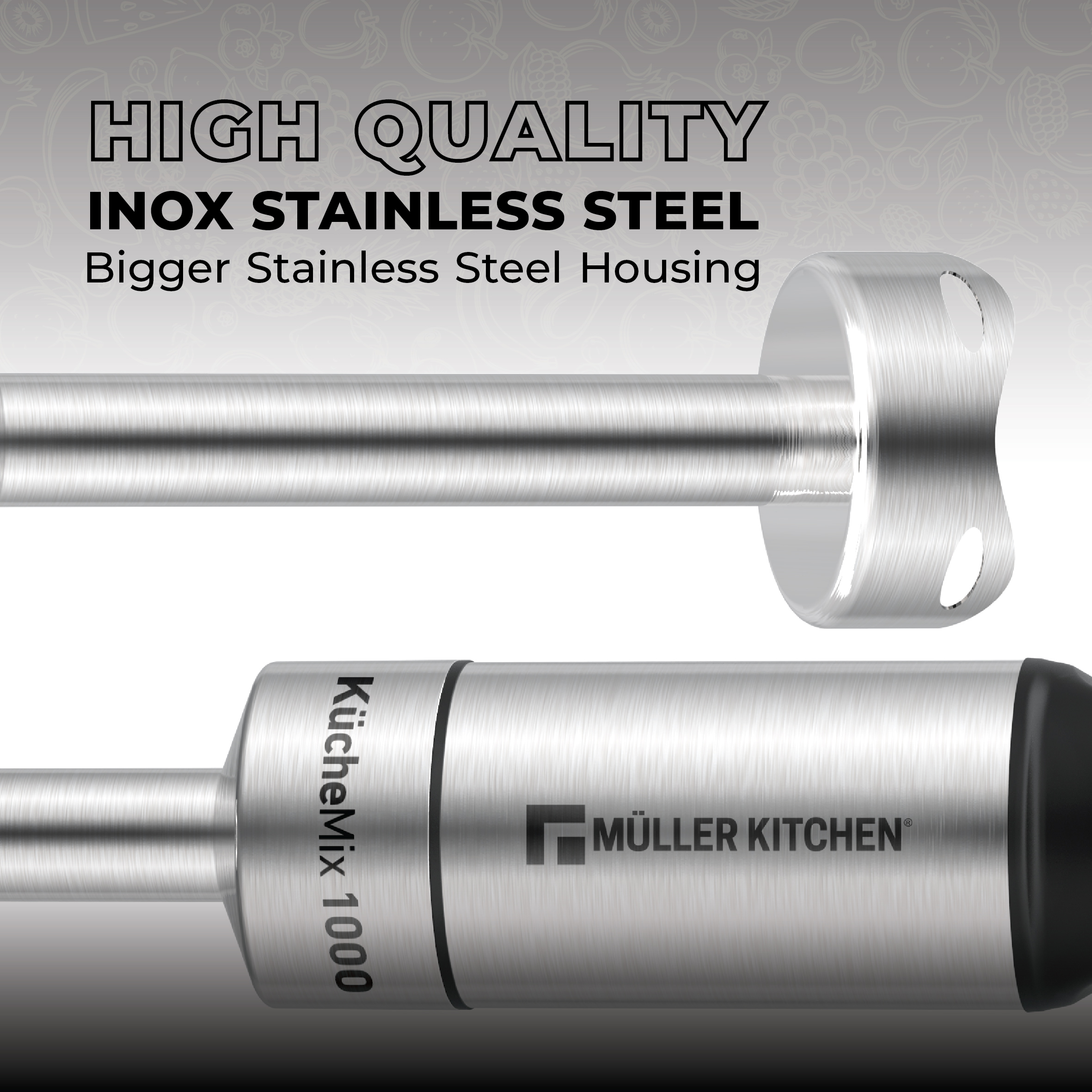 Batidora de inmersión de acero inoxidable con logo "Müller Kitchen" y modelo "KüchenMix 1000".