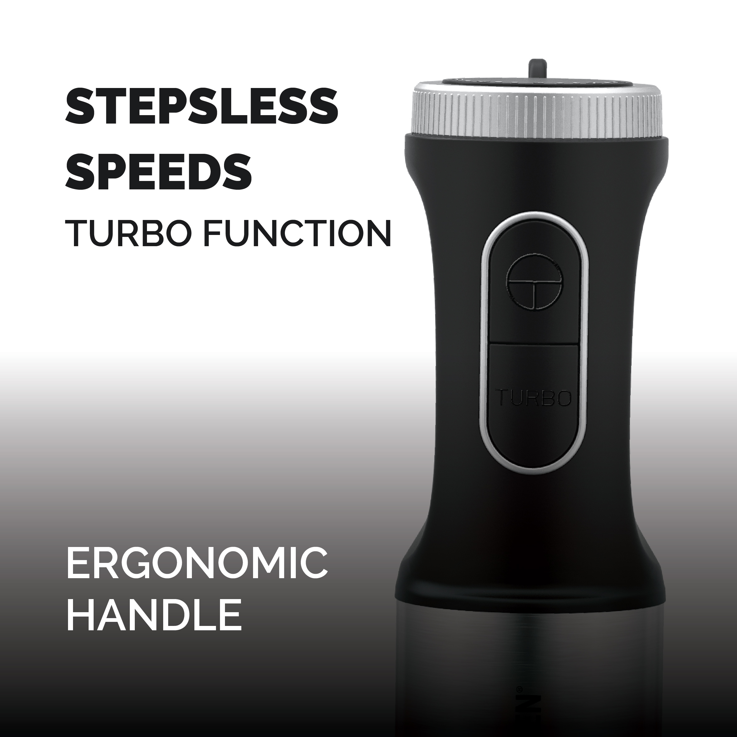 Batidora de inmersión negra con detalles plateados. Velocidades variables y función turbo.