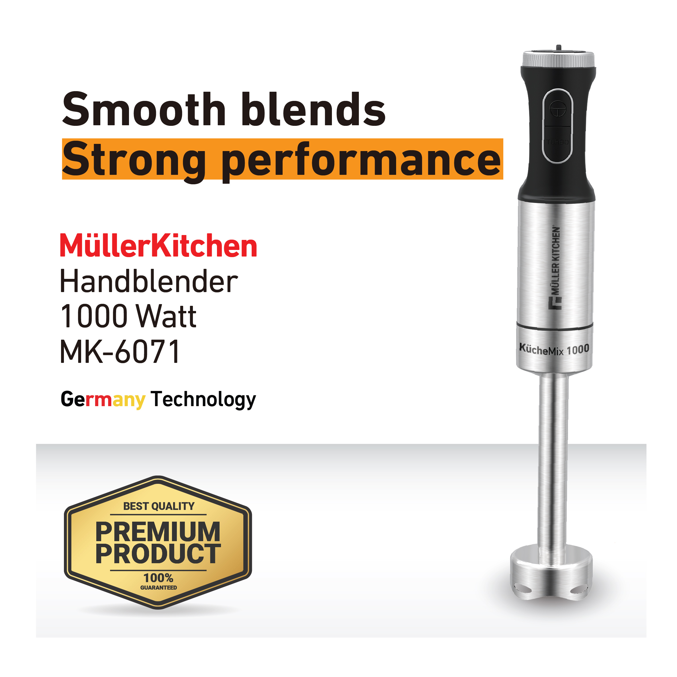 Batidora de mano MüllerKitchen MK-6071, 1000W, plateada y negra. Producto premium.