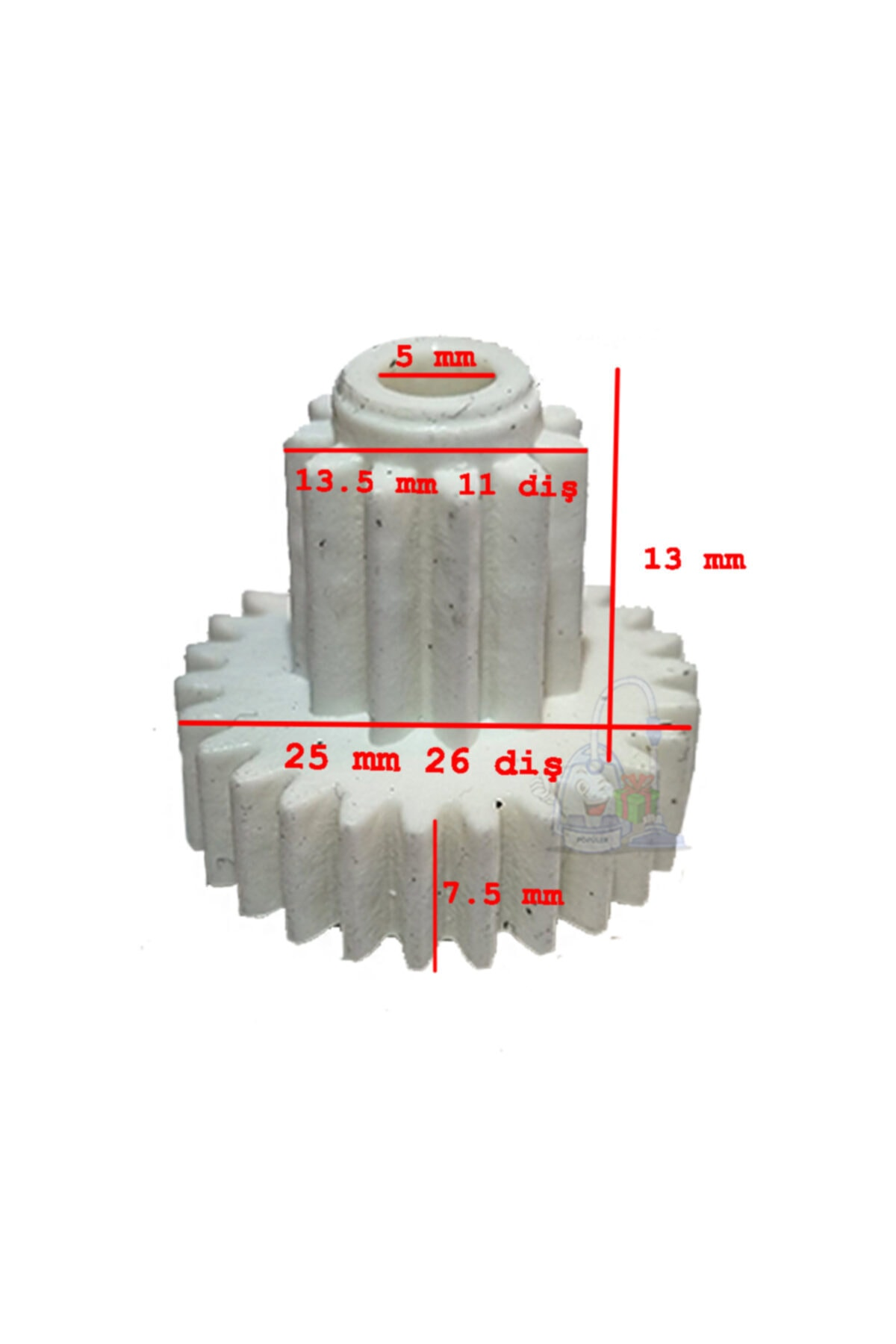Boyutlu beyaz dişli: 5 mm üst, 13,5 mm 11 diş, 25 mm 26 diş, 7,5 mm.