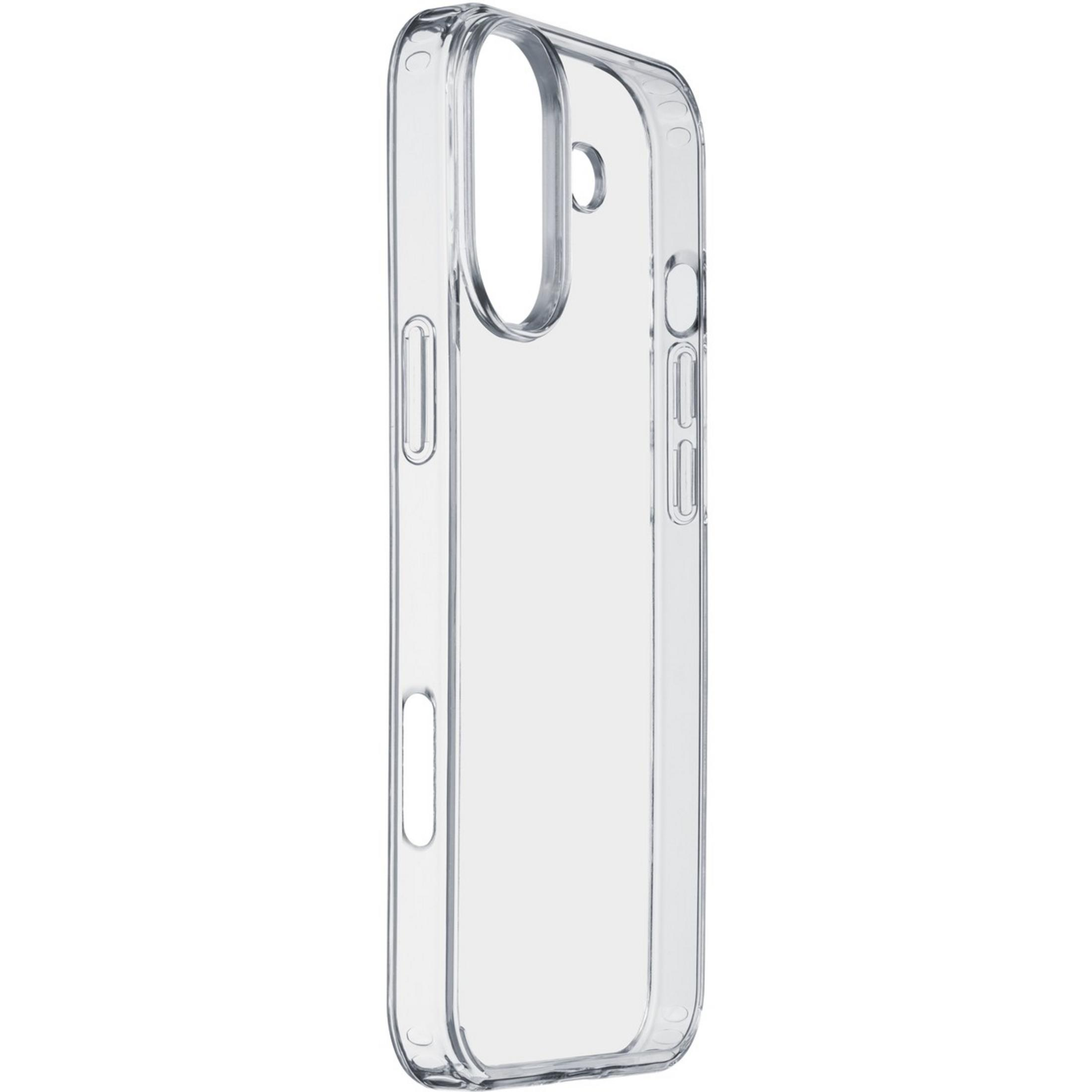 Custodia trasparente in plastica per telefono con ritagli per pulsanti e fotocamera.