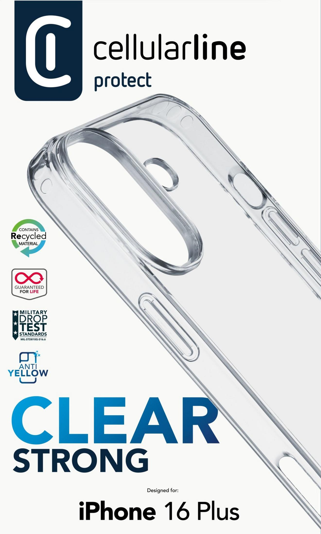 Custodia trasparente e resistente per iPhone 16 Plus, materiale riciclato.