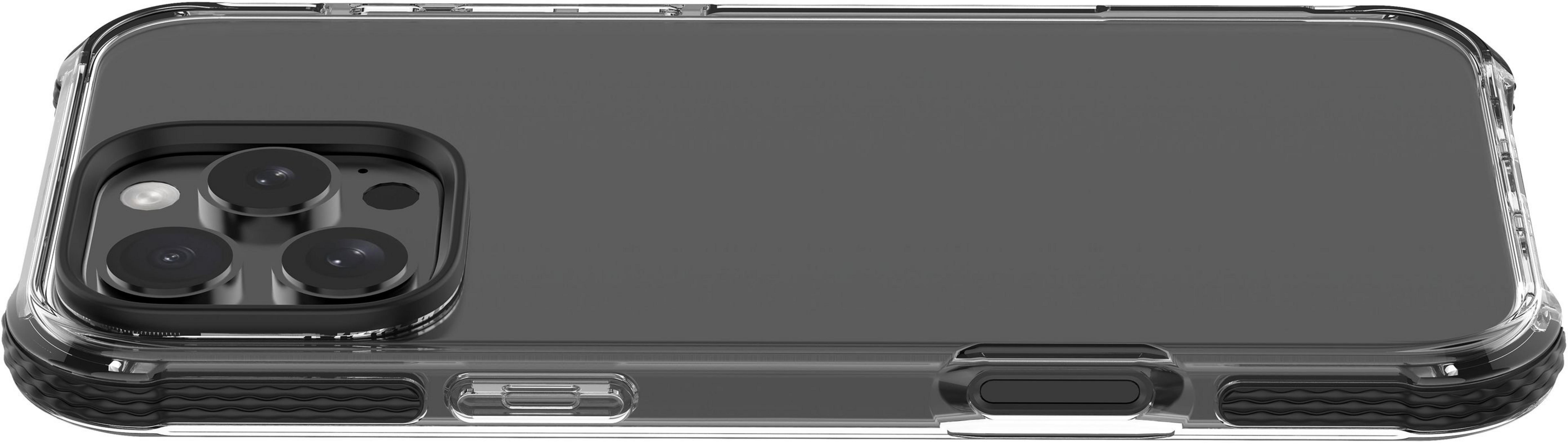 Custodia trasparente per telefono con fotocamera posteriore a quattro obiettivi e flash argentato.