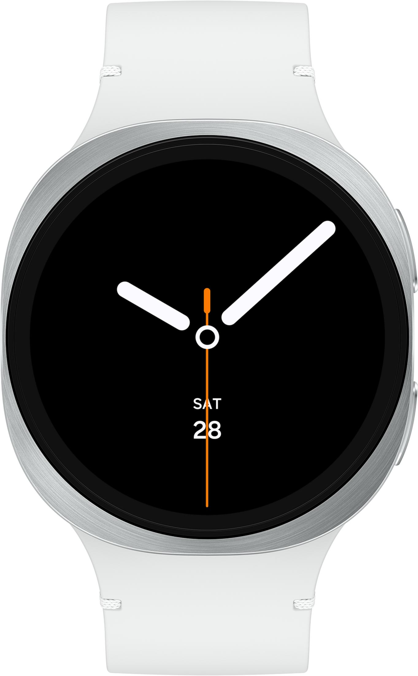 Eine weiße Smartwatch mit rundem schwarzen Zifferblatt und silbernem Rahmen.