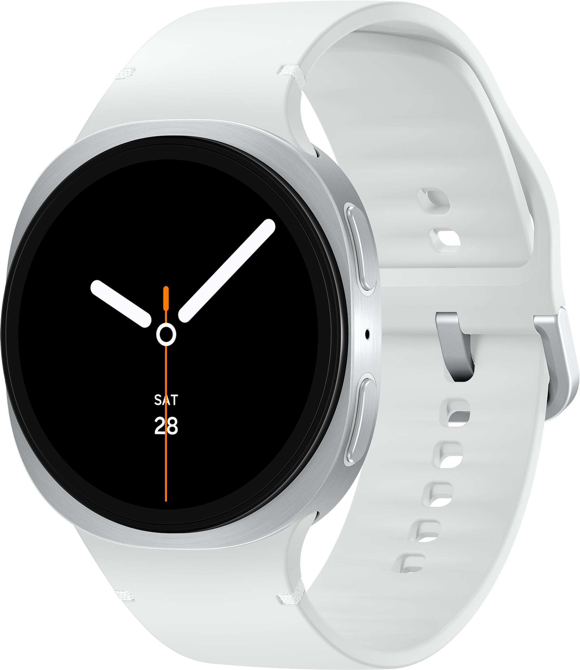 Eine weiße Smartwatch mit schwarzem Zifferblatt und silbernem Gehäuse.