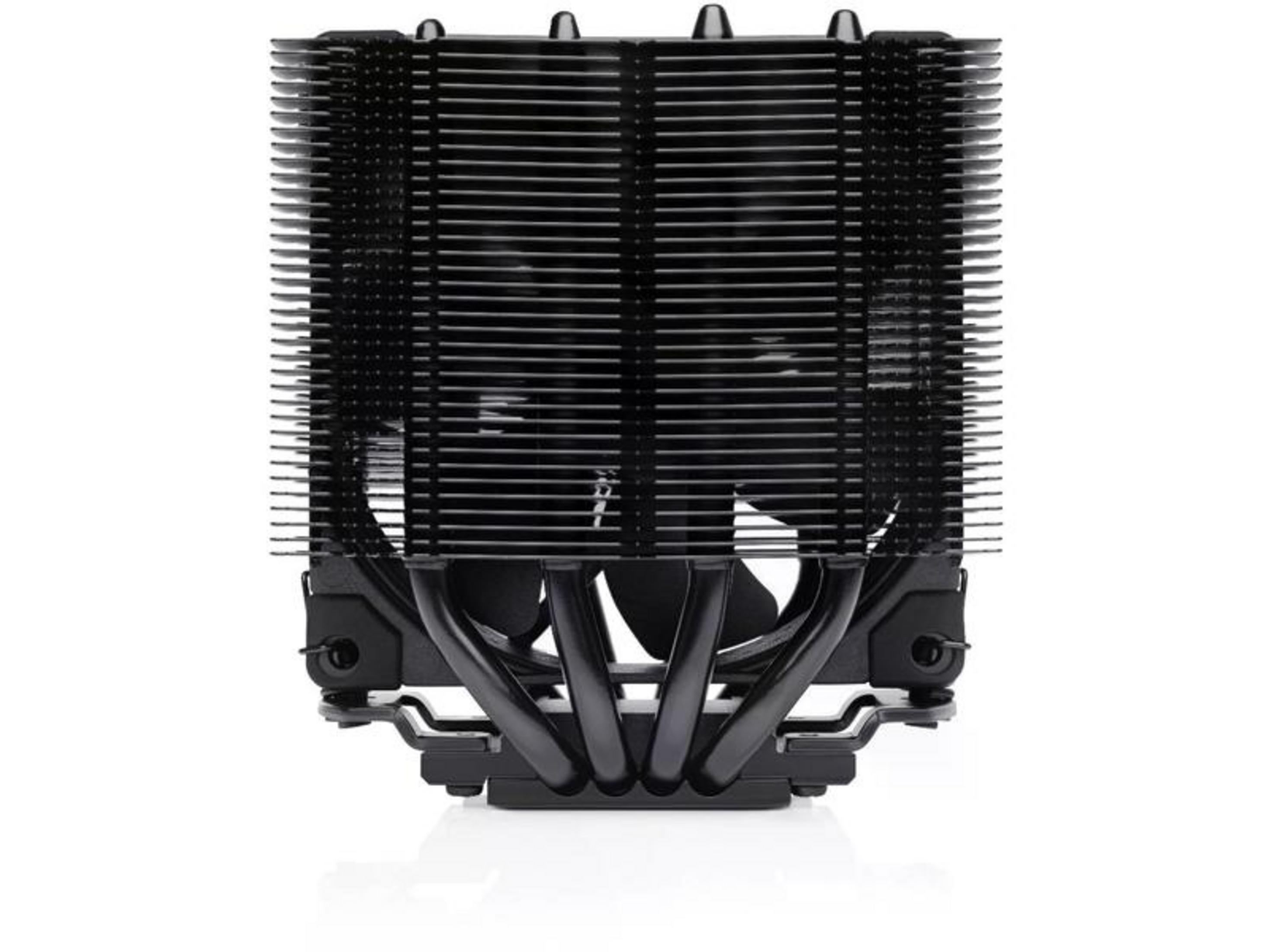 Black CPU cooler with fan and heat pipes on a white background.
