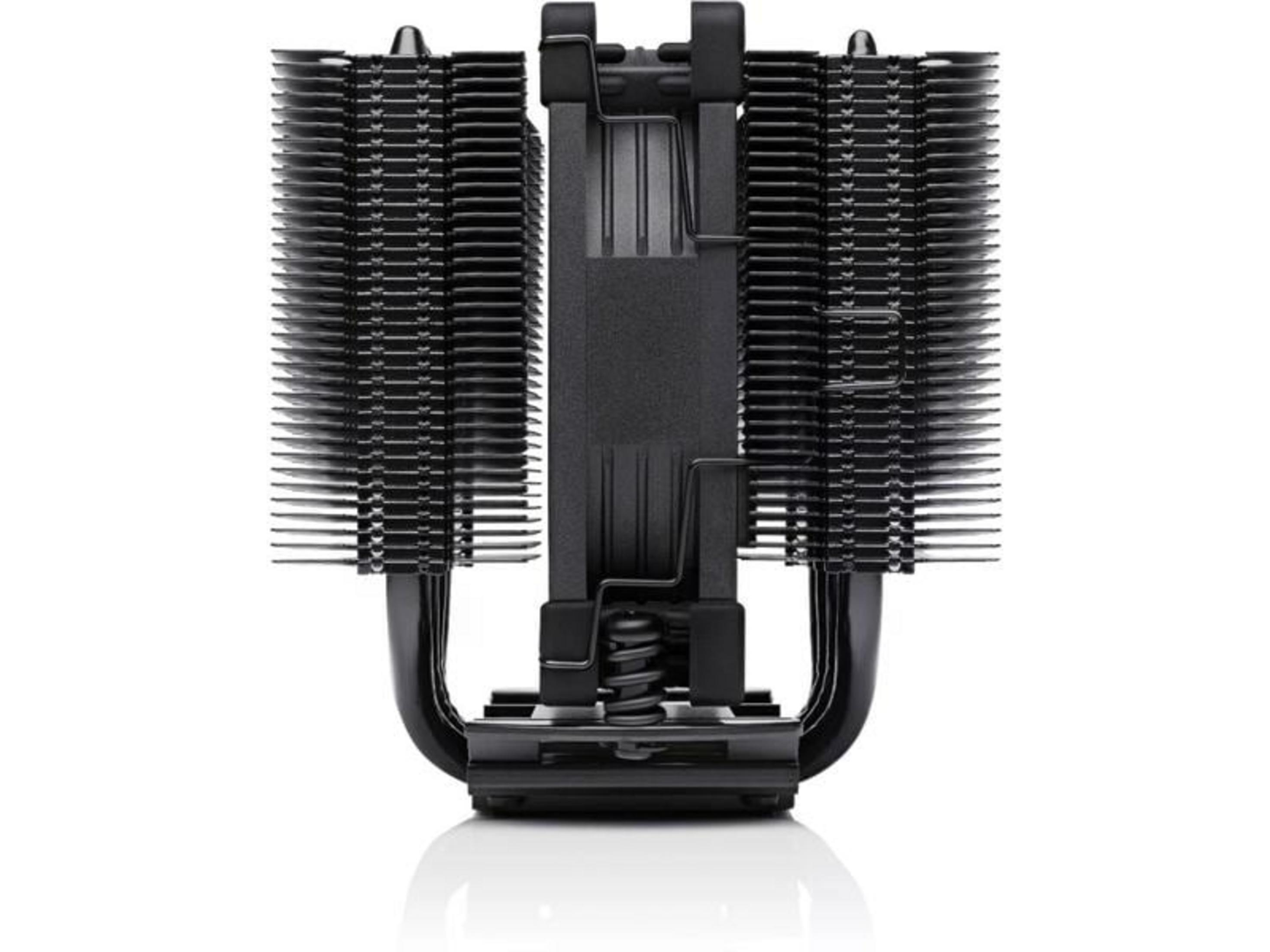 A black CPU cooler with fins on both sides and a fan in the middle.