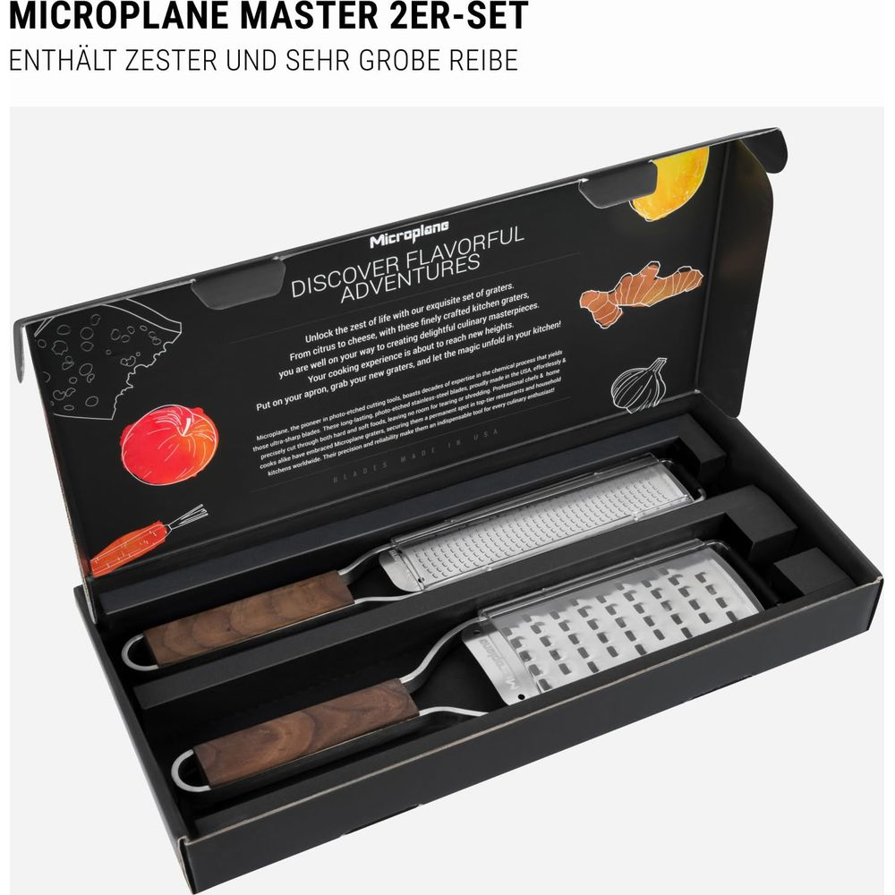 Microplane-Grater-Set mit Holzgriffen und detaillierter Produktbeschreibung.