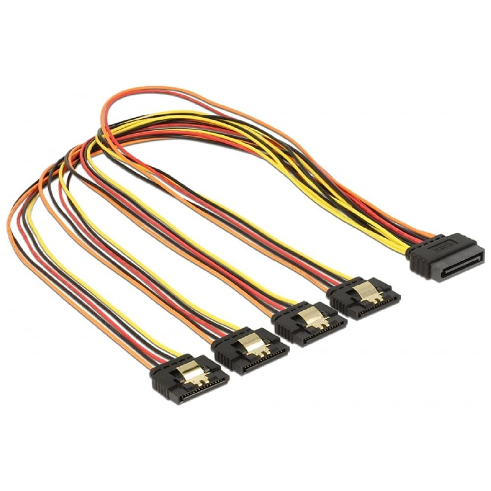 Pojedynczy kabel zasilający SATA rozgałęziający się na cztery krótkie kable z czarnymi złączami.