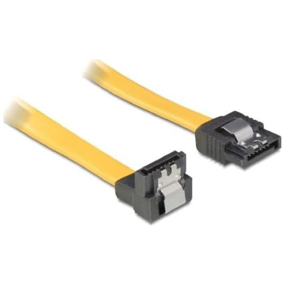 Due cavi SATA gialli con connettori neri su sfondo bianco.