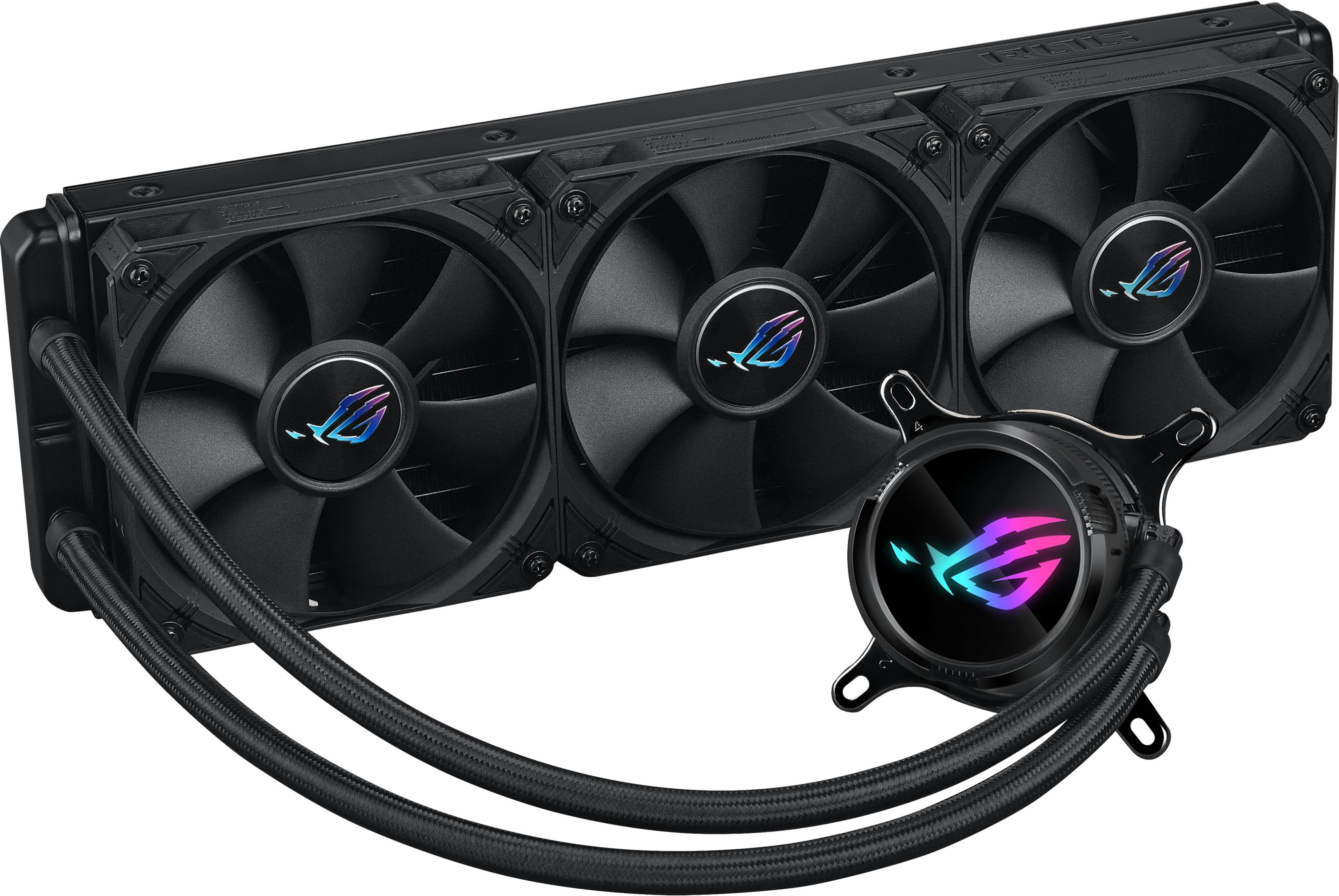 Black CPU cooler with three fans and illuminated ROG logo.