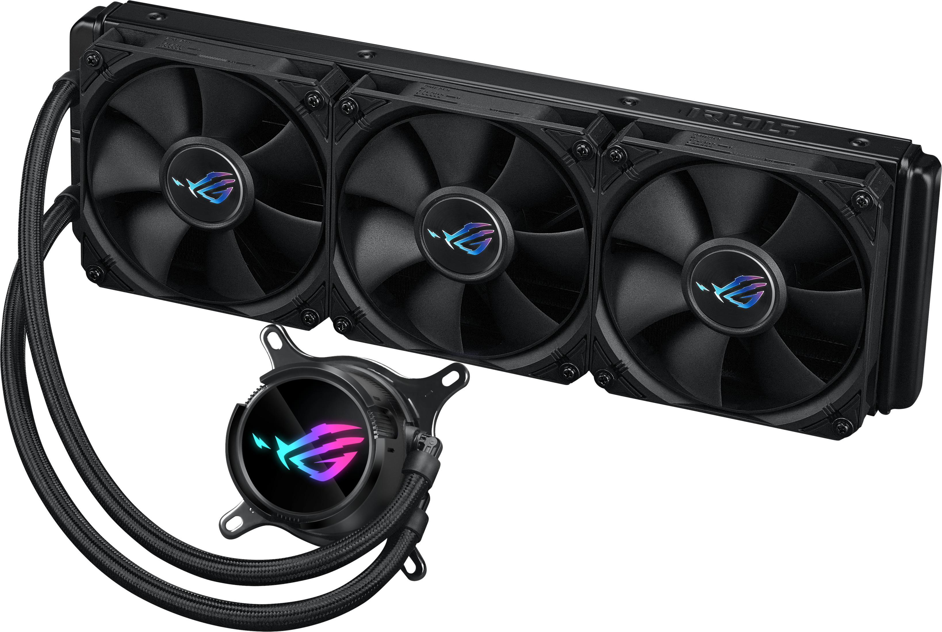 A black CPU cooler with three fans and RGB lighting.